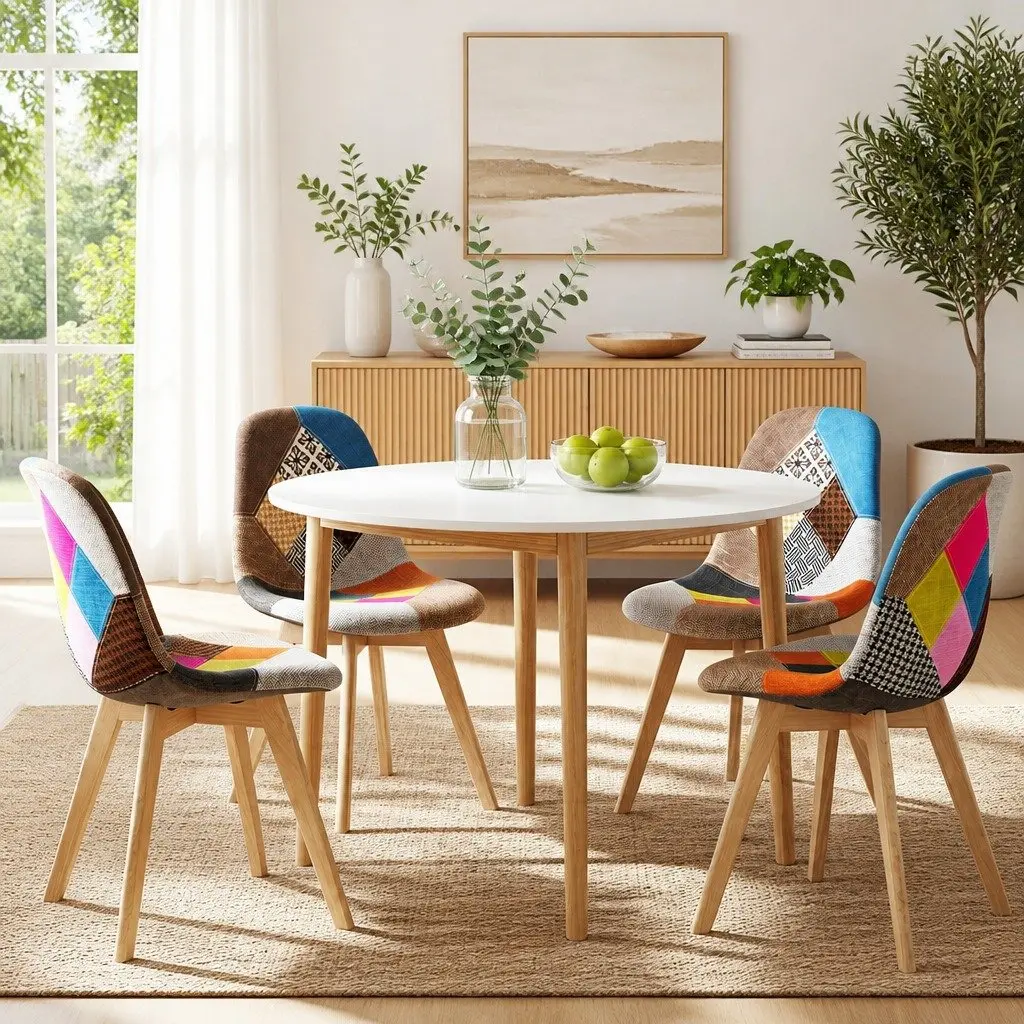 Round Dining Table MDF White 108cm Pine Wood Legs with 4 Fabric Eiffel Chairs Beech Wood Frame