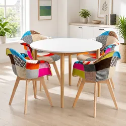 Round Dining Table with 4 Mid Century Chairs - White MDF Top