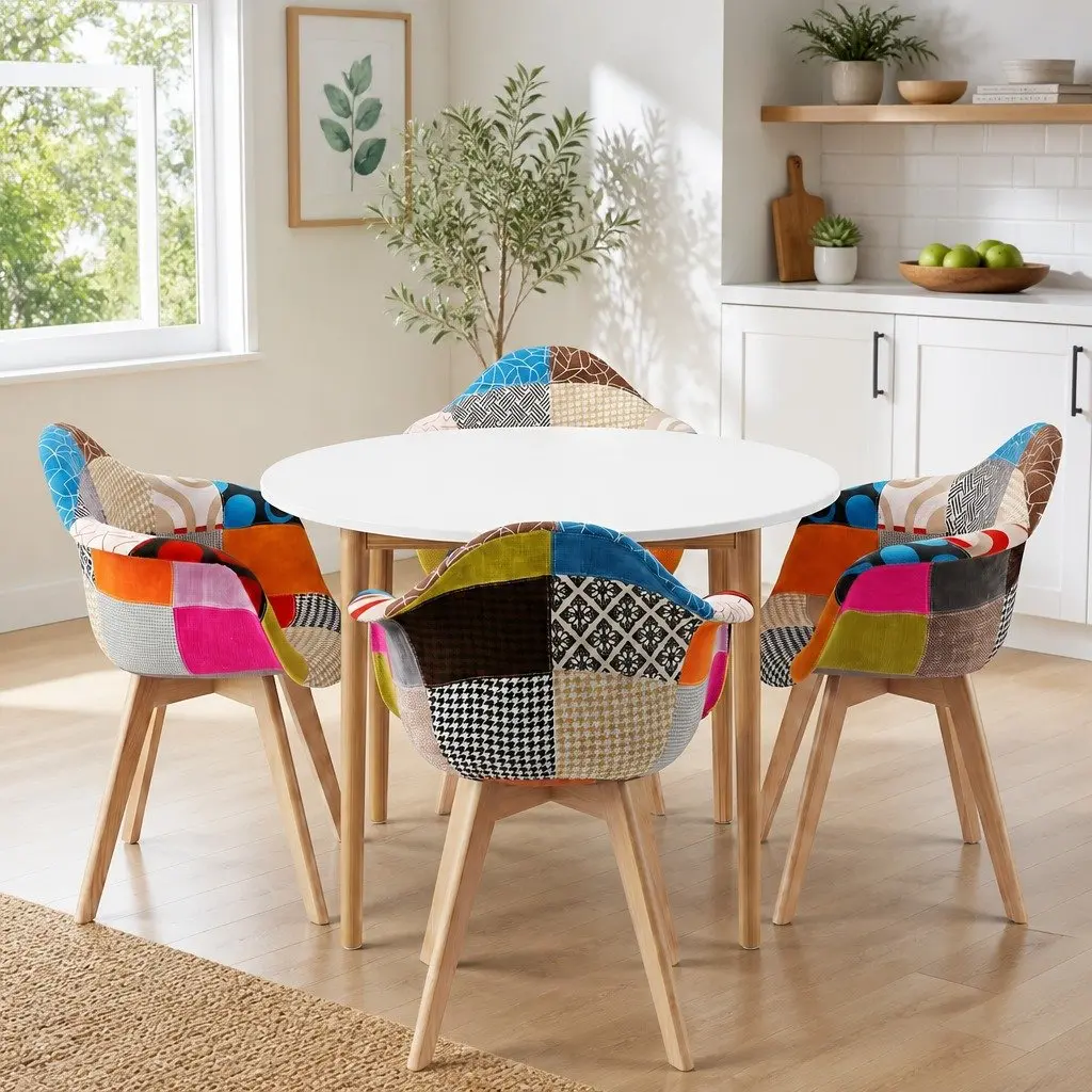 Dining Set Round MDF Table White Pine Legs 4 Mid Century Chairs Linen