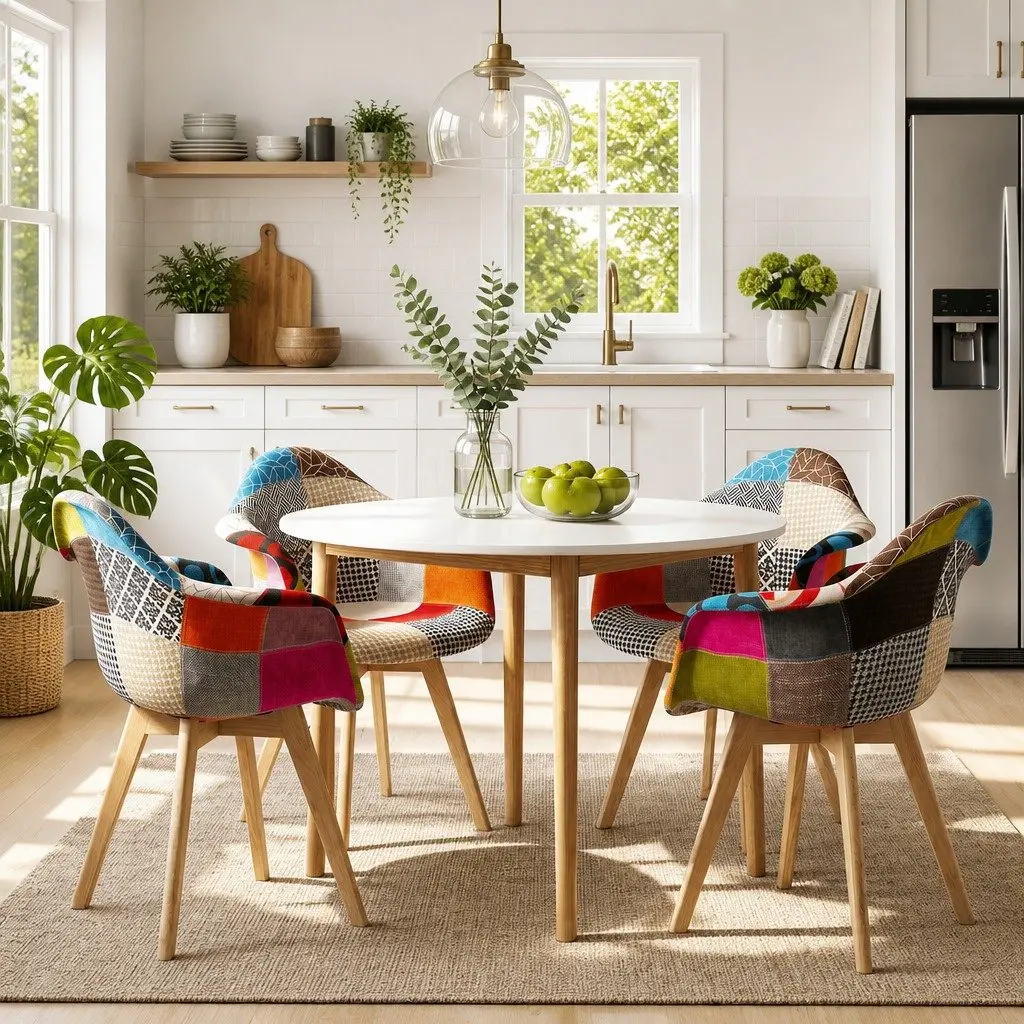 Dining Set Round MDF Table White Pine Legs 4 Mid Century Chairs Linen