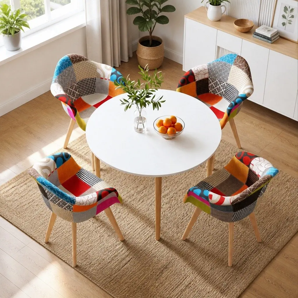 Dining Set Round MDF Table White Pine Legs 4 Mid Century Chairs Linen
