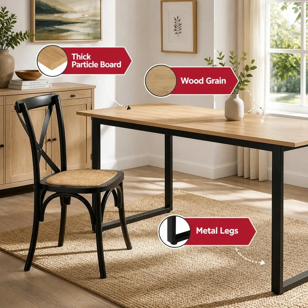 Dining Set Particle Board Steel Rattan 5 Piece Industrial Pine Wood Grain Black