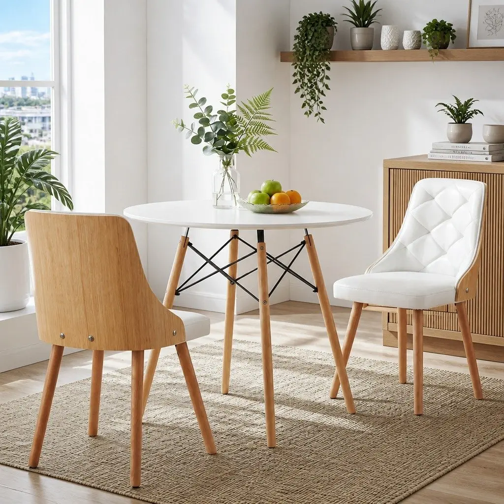 Dining Set MDF 90cm Round White 3 Piece Beech Wood Chairs PU Leather