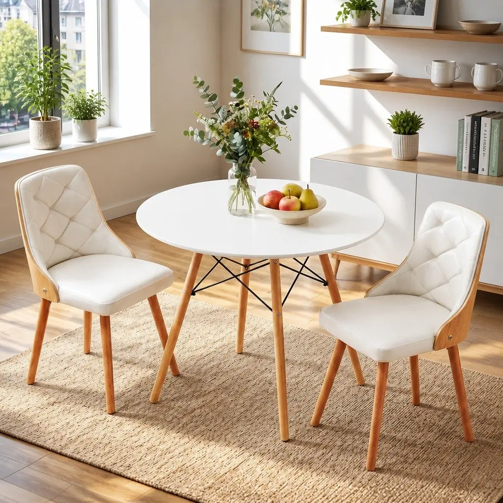 Dining Set MDF 90cm Round White 3 Piece Beech Wood Chairs PU Leather