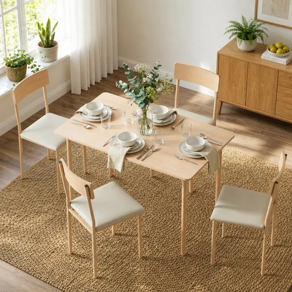 5 Piece Dining Set MDF Powder-coated Metal Compact Natural Beige