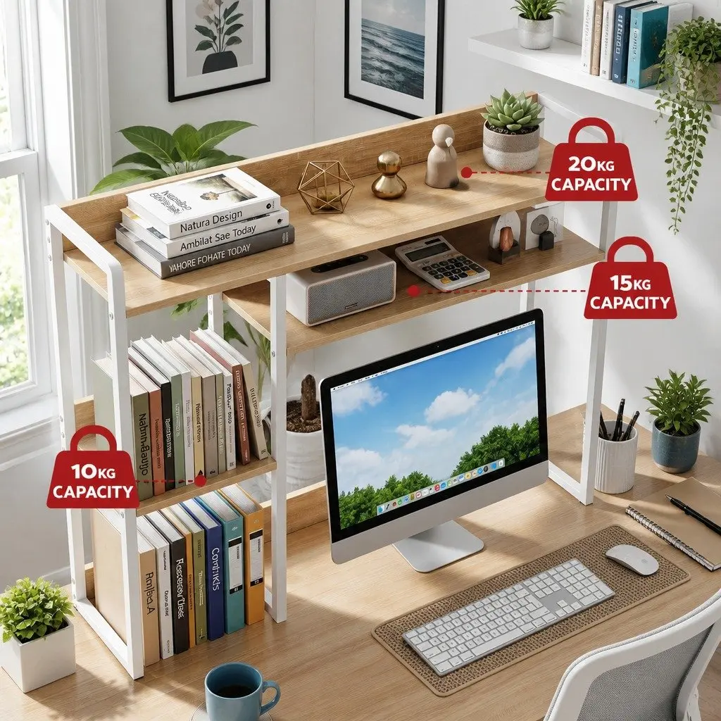 2-Tier Desk Organizer Shelf PB Board Metal Frame 100cm Width 24cm Depth White Walnut