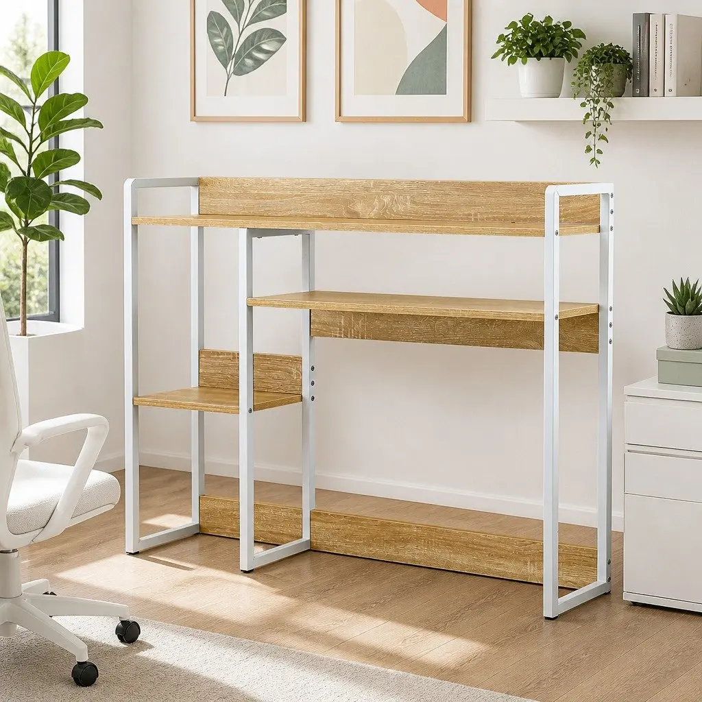 2-Tier Desk Organizer Shelf PB Board Metal Frame 100cm Width 24cm Depth White Walnut