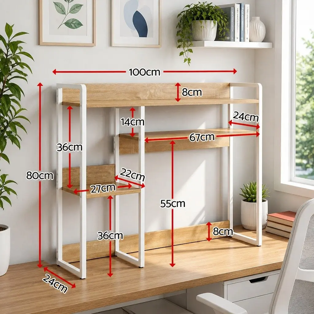 2-Tier Desk Organizer Shelf PB Board Metal Frame 100cm Width 24cm Depth White Walnut