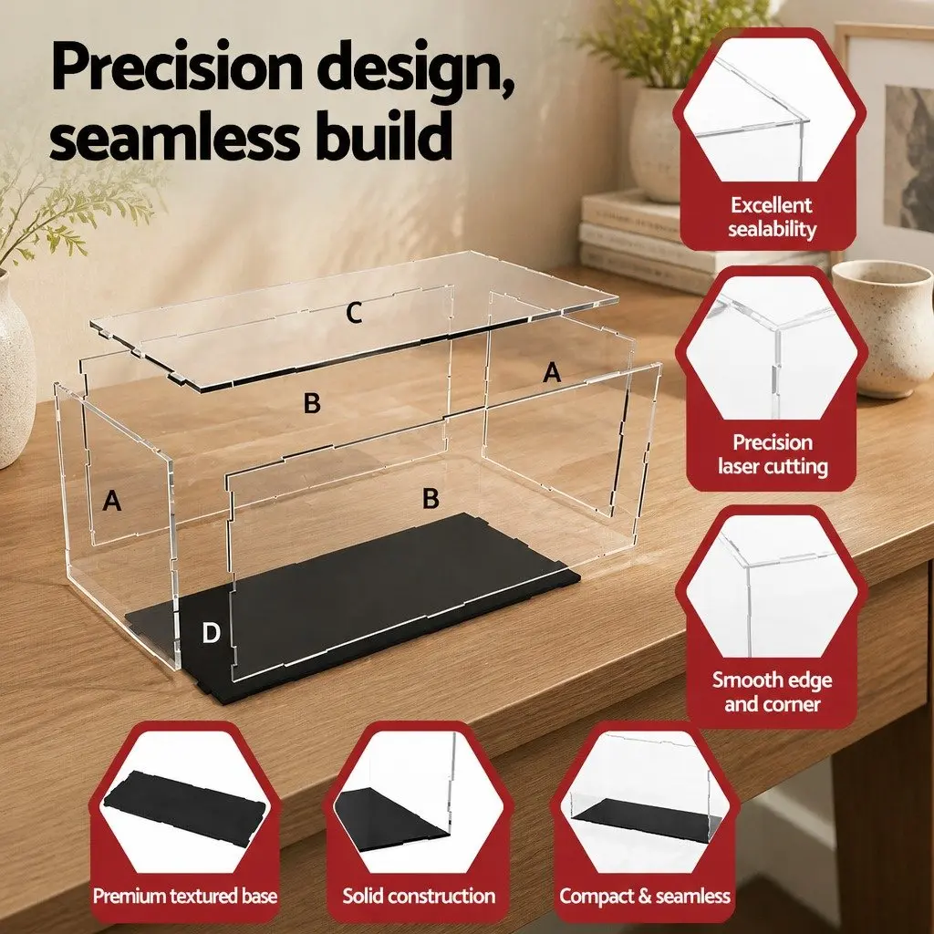 Acrylic Display Case Dustproof Box 35x15x15cm Clear with Black Base