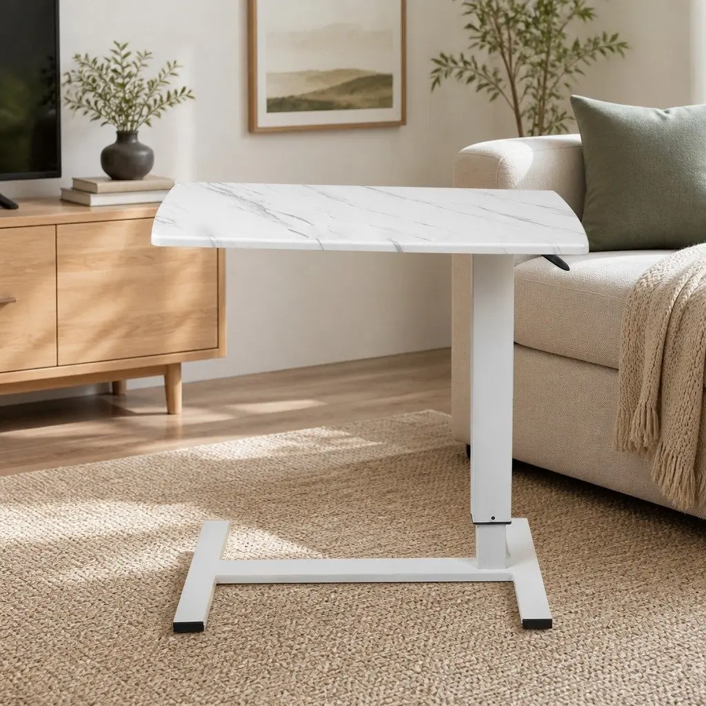 Height Adjustable White Sofa Bed Side Table with Wheels