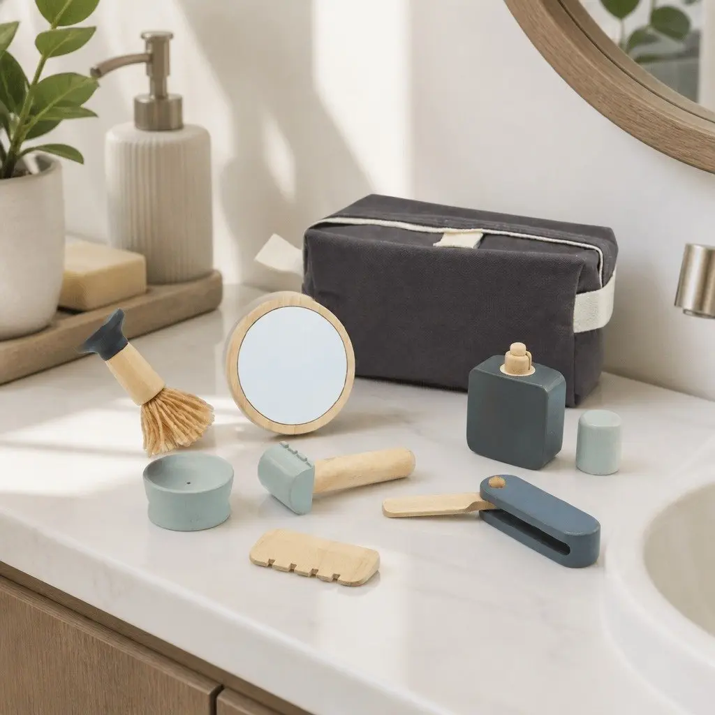 Wooden Kids Pretend Play Shave Set with Accessories