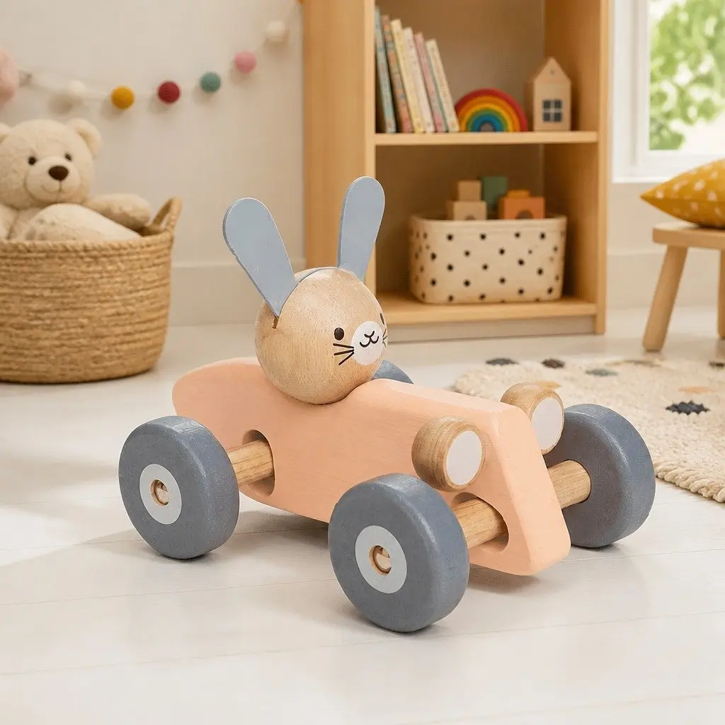 Bunny Racing Car Toy Rubberwood 18cm x 10.9cm x 11.3cm Vintage Theme