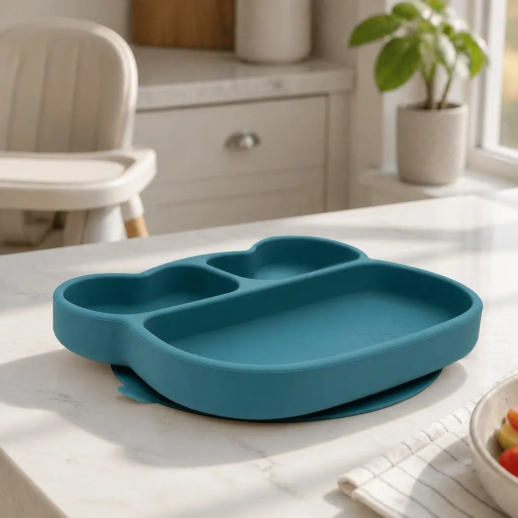 Kids Stickie Plate Food Grade Silicone Three Section Divided Blue Dusk Toddler Feeding Dish
