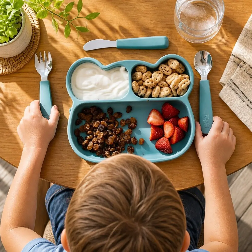 Kids Stickie Plate Food Grade Silicone Three Section Divided Blue Dusk Toddler Feeding Dish