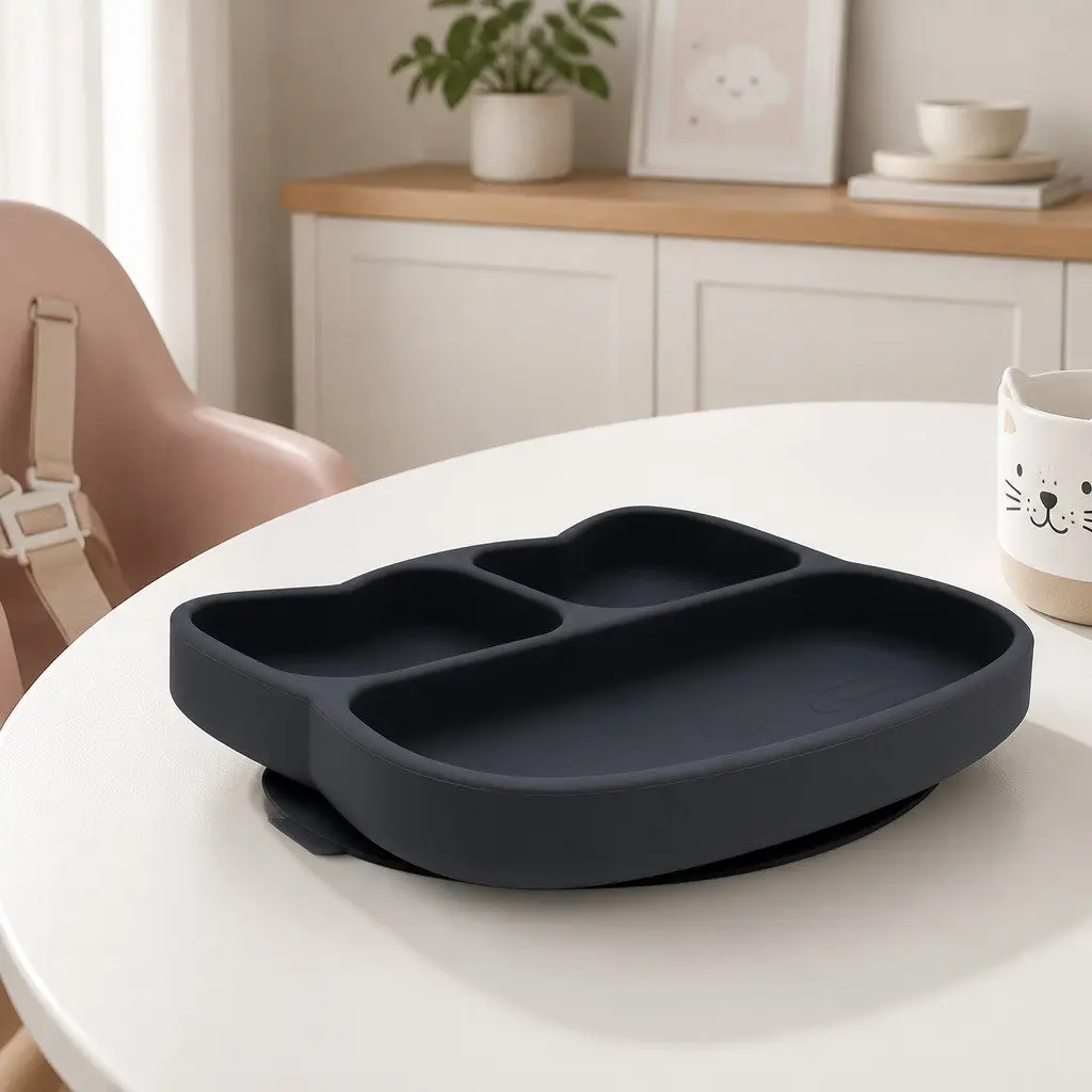 Suction Plate Silicone 21cm Charcoal Toddler Divided Feeding Plate