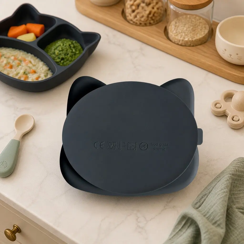 Suction Plate Silicone 21cm Charcoal Toddler Divided Feeding Plate
