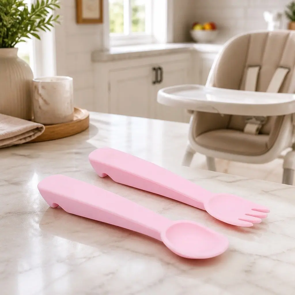 Fork and Spoon Set Silicone Baby First Cutlery Travel Case Powder Pink