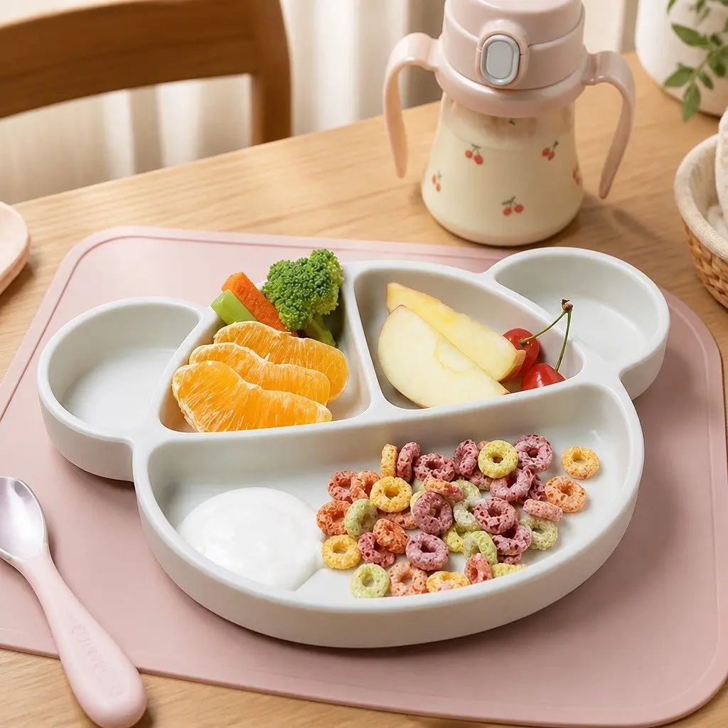 Silicone Suction Food Plate with Lid Baby Feeding Compartments Chocolate Brown 28.5cm x 20cm