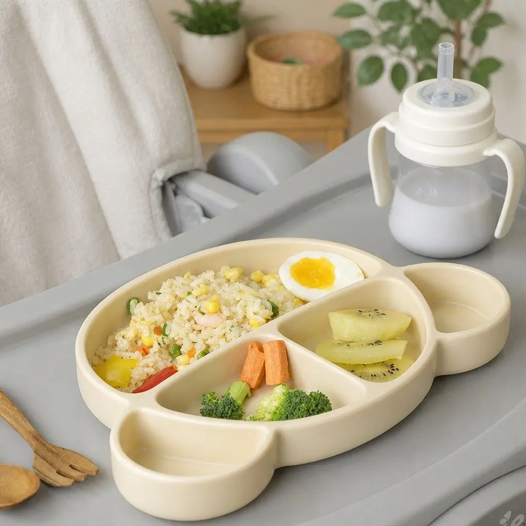 Silicone Suction Food Plate with Lid Baby Feeding Compartments Chocolate Brown 28.5cm x 20cm