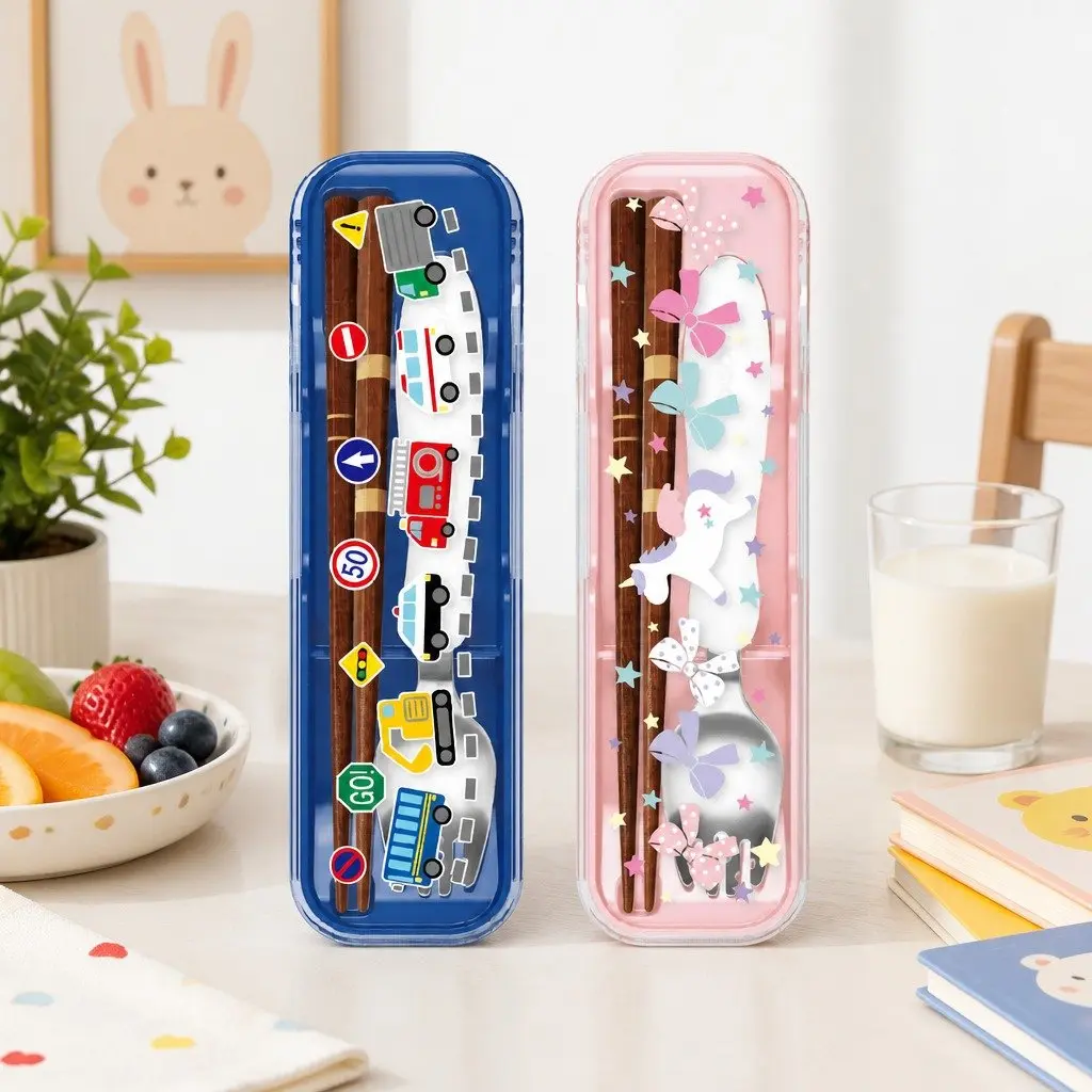 Spork Set Natural Wood Chopsticks Kids Dining Travel Utensil Case