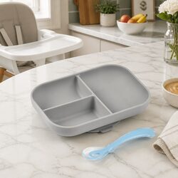 Silicone Suction Divided Plate & Spoon Set Baby Mealtime Feeding Tableware Grey