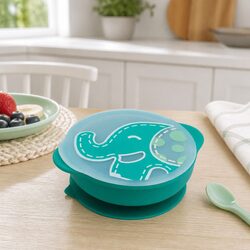 Suction Bowl with Lid Self Feeding Toddler Silicone Kids Dinnerware Green