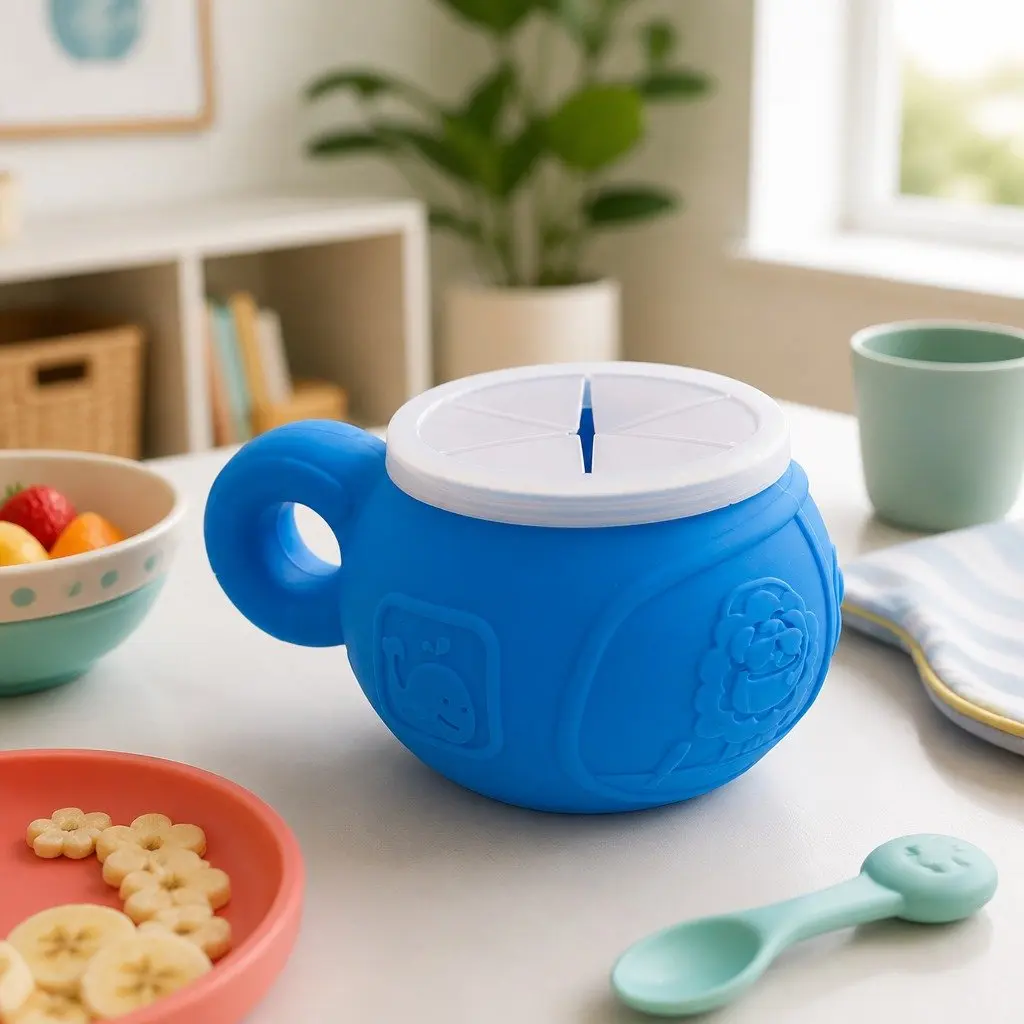 Snack Bowl Lucas the Hippo Blue Toddler Feeding Container Secure Lid Handle