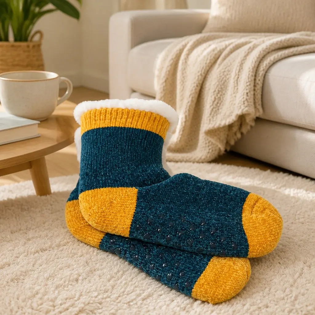 Warm Kids Socks Colorful Stripes Green Blue Yellow Cozy Winter Thermal Lounging