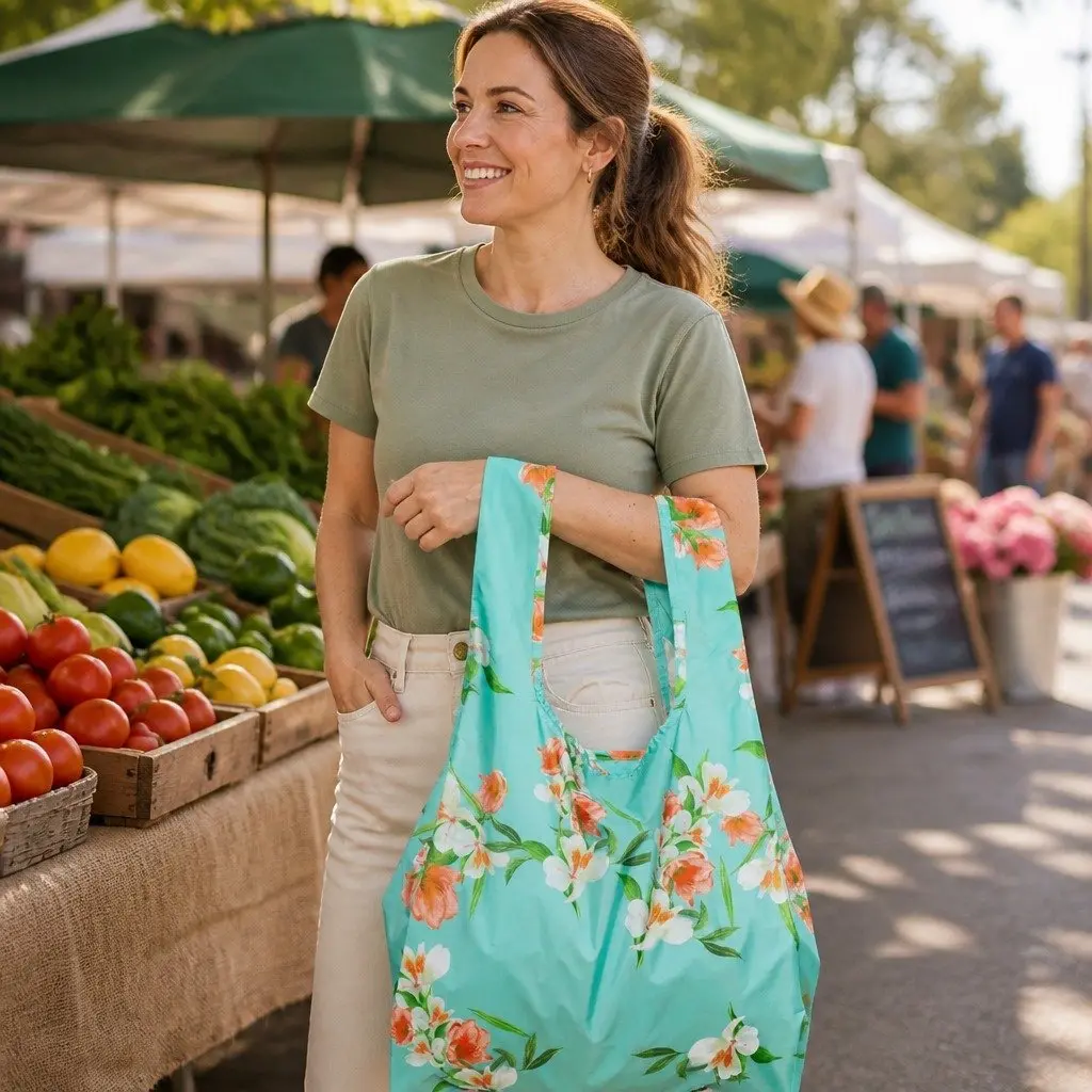 Medium Foldable Floral Pattern Reusable Shopping Bag