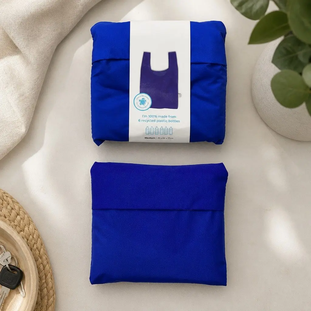 Reusable Shopping Bag Medium Sapphire Blue Foldable Grocery Tote Recycled