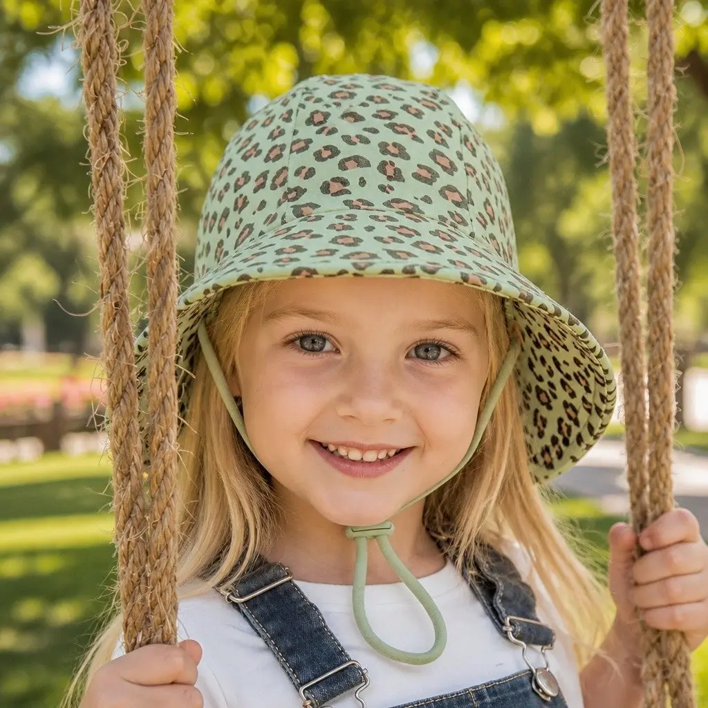 Ponytail Bucket Hat Cotton XXL Leopard Print Olive Green Peach