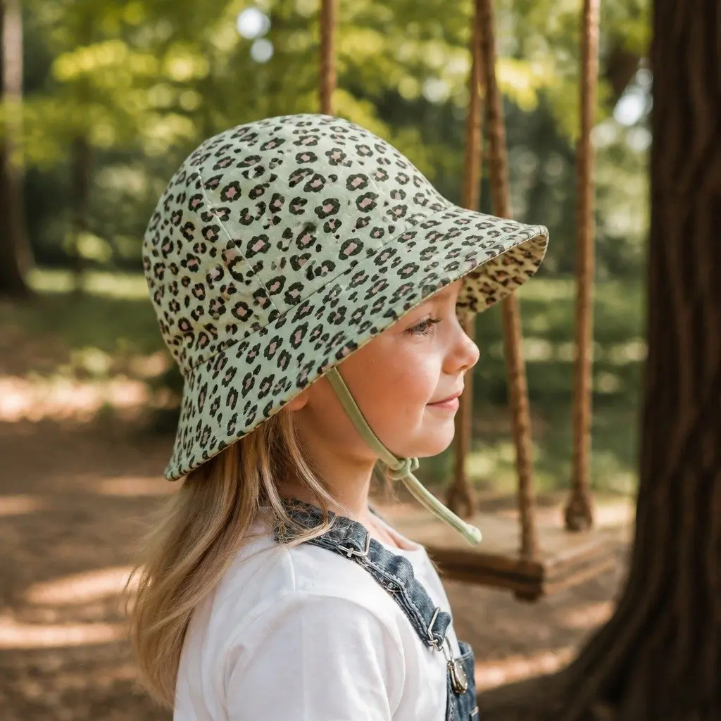 Ponytail Bucket Hat Cotton XXL Leopard Print Olive Green Peach