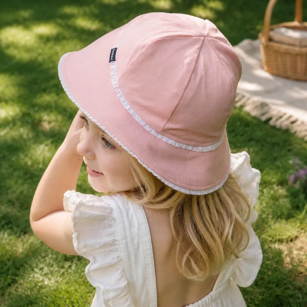 Toddler Bucket Hat Cotton M Blush Soft Flexible Brim UPF50+ Ruffle Trim