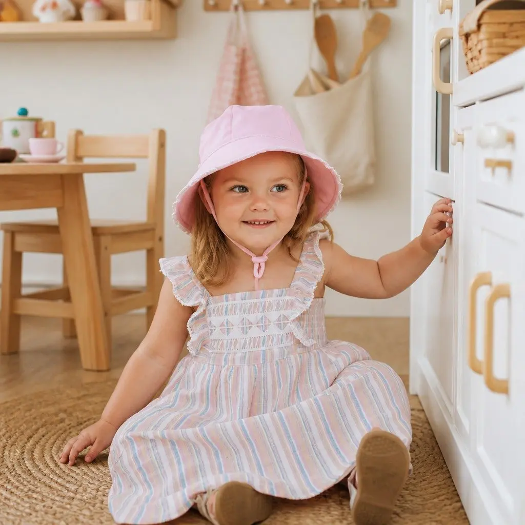 Toddler Bucket Hat Cotton M Blush Soft Flexible Brim UPF50+ Ruffle Trim
