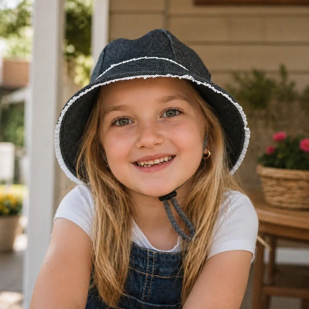 Toddler Bucket Hat with Ruffle Trim in Denim