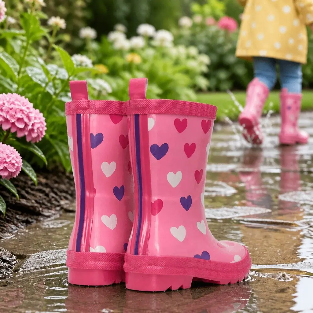 Kids Rain Boots Rubber Size 8 Pink Navy Waterproof Slip Resistant Matte Removable Insole