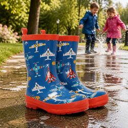 Durable Kids Rain Boots with Aircraft Design Size 6