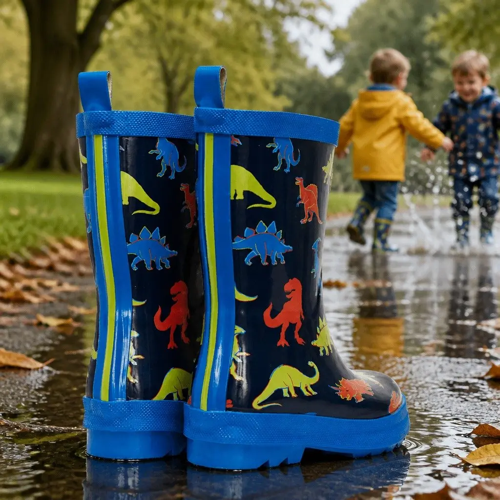 Kids Waterproof Rain Boots Linework Dinos Slip-Resistant Rubber Matte Pink Navy