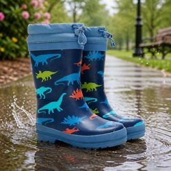 Kids Rain Boots with Dinosaur Silhouettes and Sherpa Lining