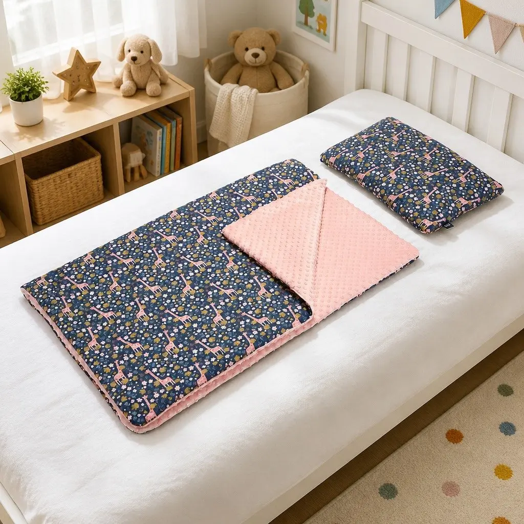 Toddler Nap Blanket Cotton Double-Sided Poncho Pillow Set Minky Fleece French Rose Jardin Powder Pink 110x140cm