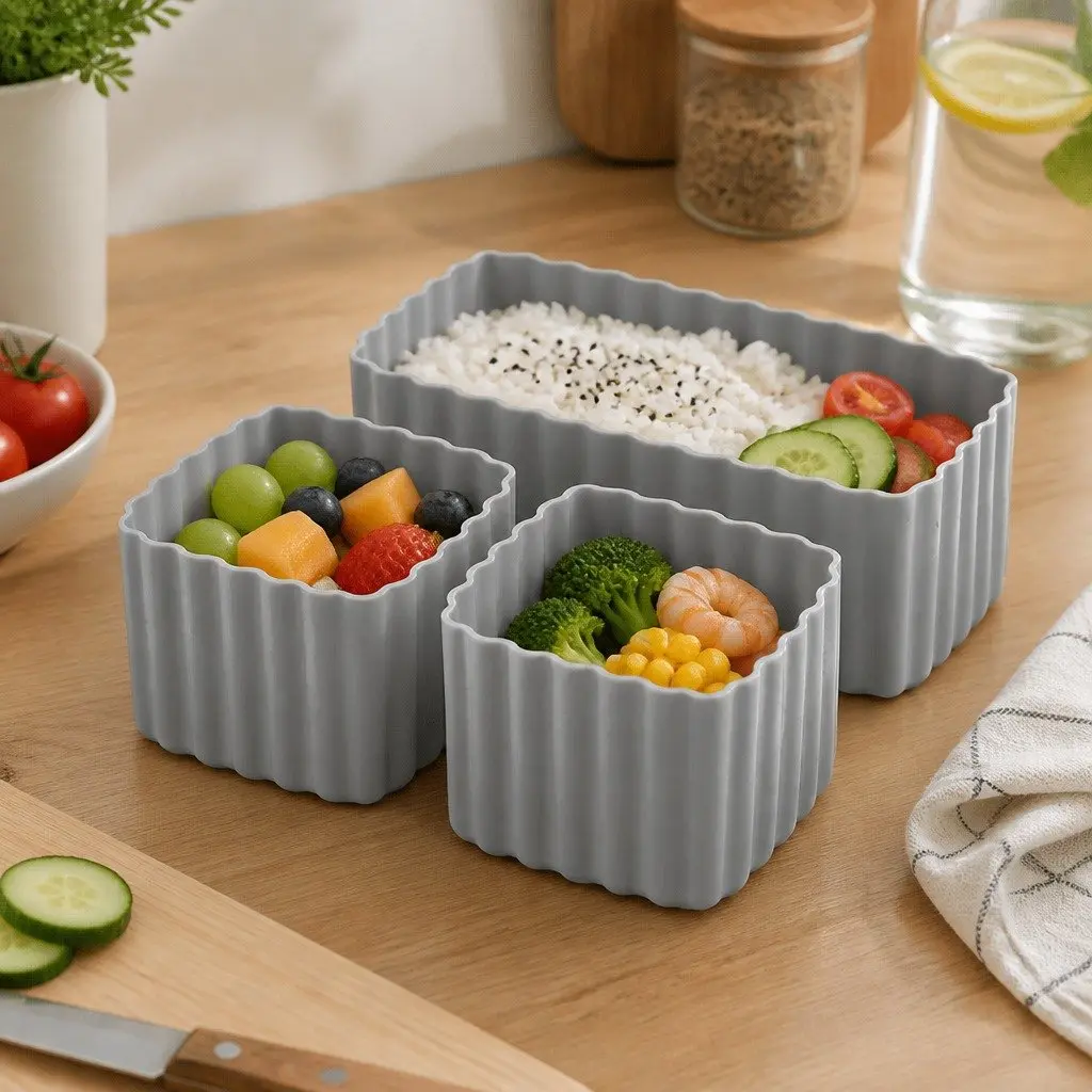 Bento Cups Mixed 3pcs Kids Lunch Box Food Container Set Silicone Apple