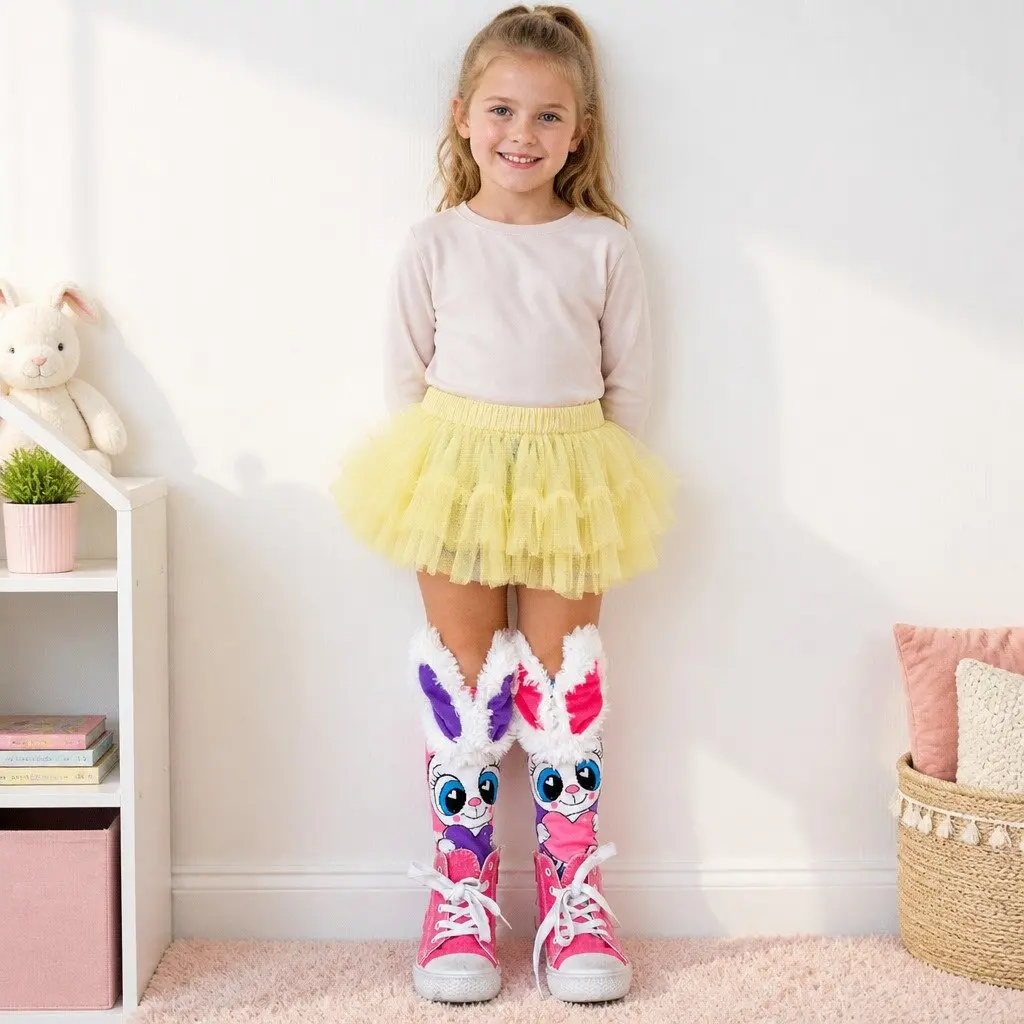 Knee-High Socks Fluffy Ears Toddler Size 3-5 UV Glow