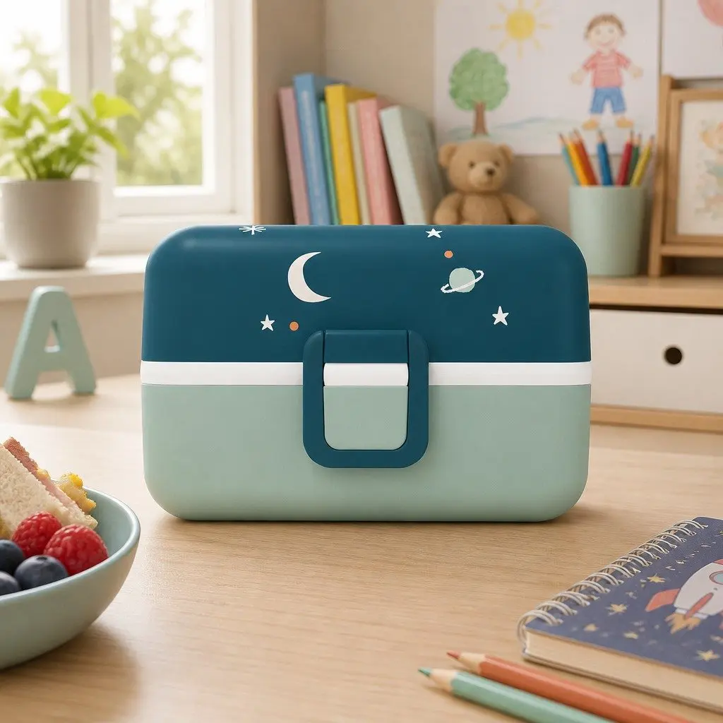 Bento Lunch Box Kids Food Storage Container Cosmic Blue Airtight Compartments Handle