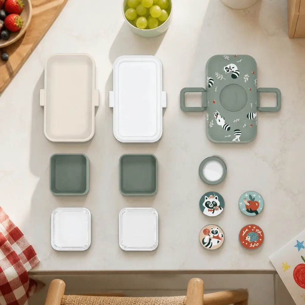 Kids Bento Lunchbox Green Raccoon Compartment Container Handle Lunch Box