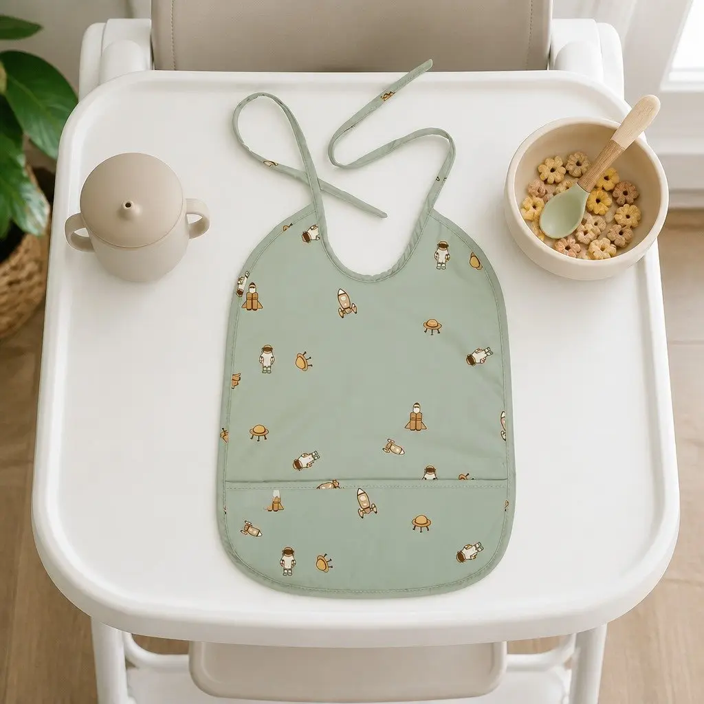 Long Coated Baby Bib Waterproof Mealtime Feeding Protector Cream Leaf Design