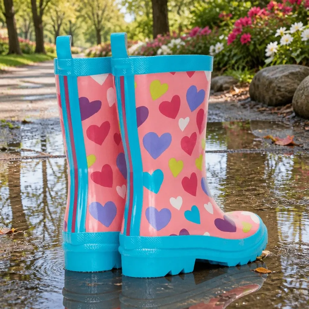 Kids Rain Boots Rubber Size 8 Pink Navy Matte Waterproof Slip Resistant