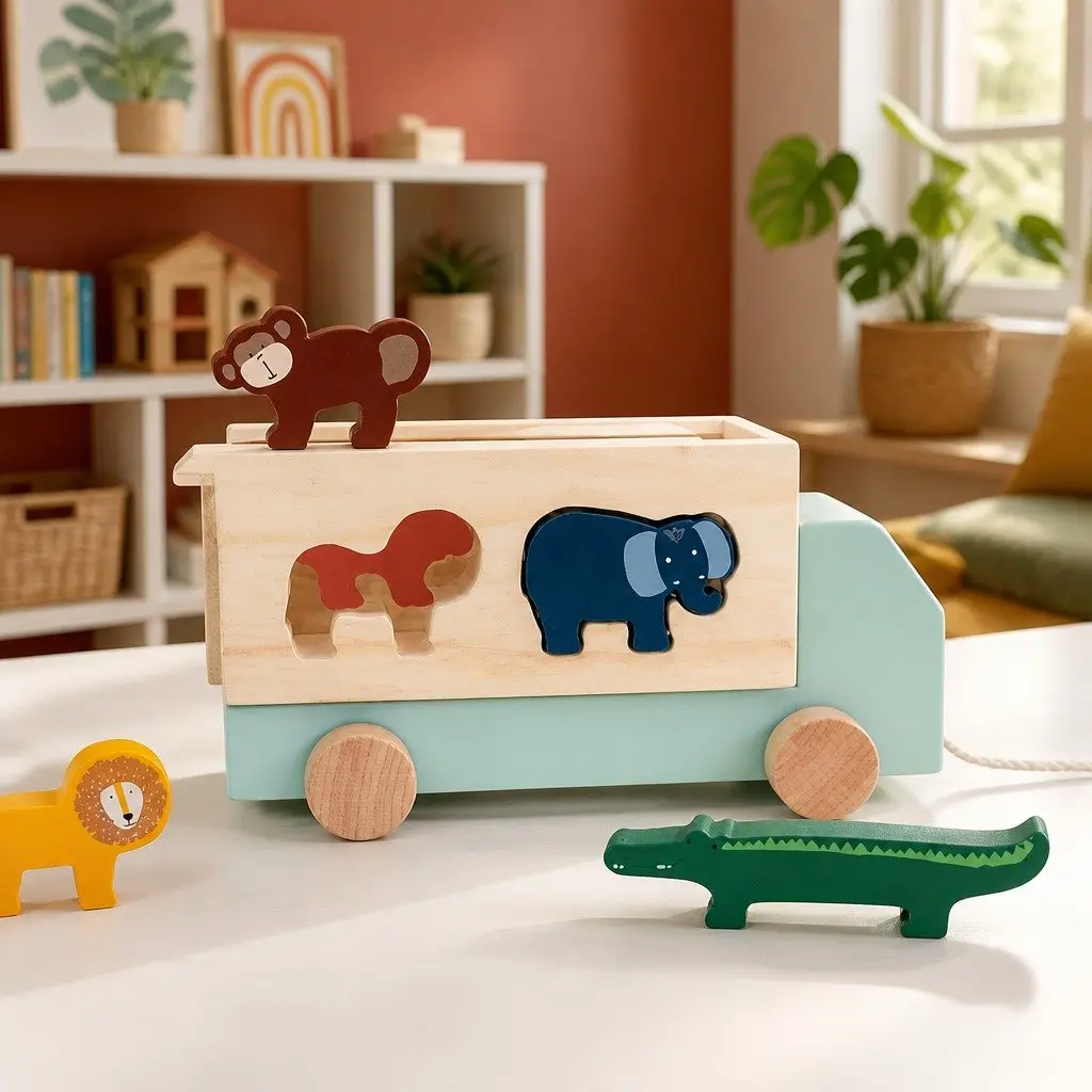 Wooden Animal Truck Pull Along Toy with 5 Figures
