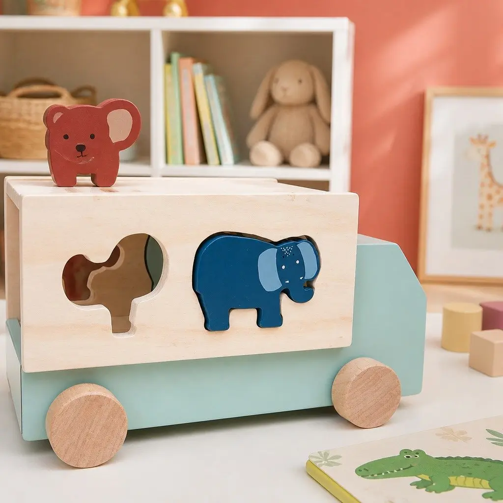 Wooden Animal Truck Pull Along Toy with 5 Figures