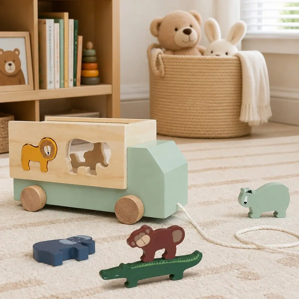 Wooden Animal Truck Pull Along Toy with 5 Figures