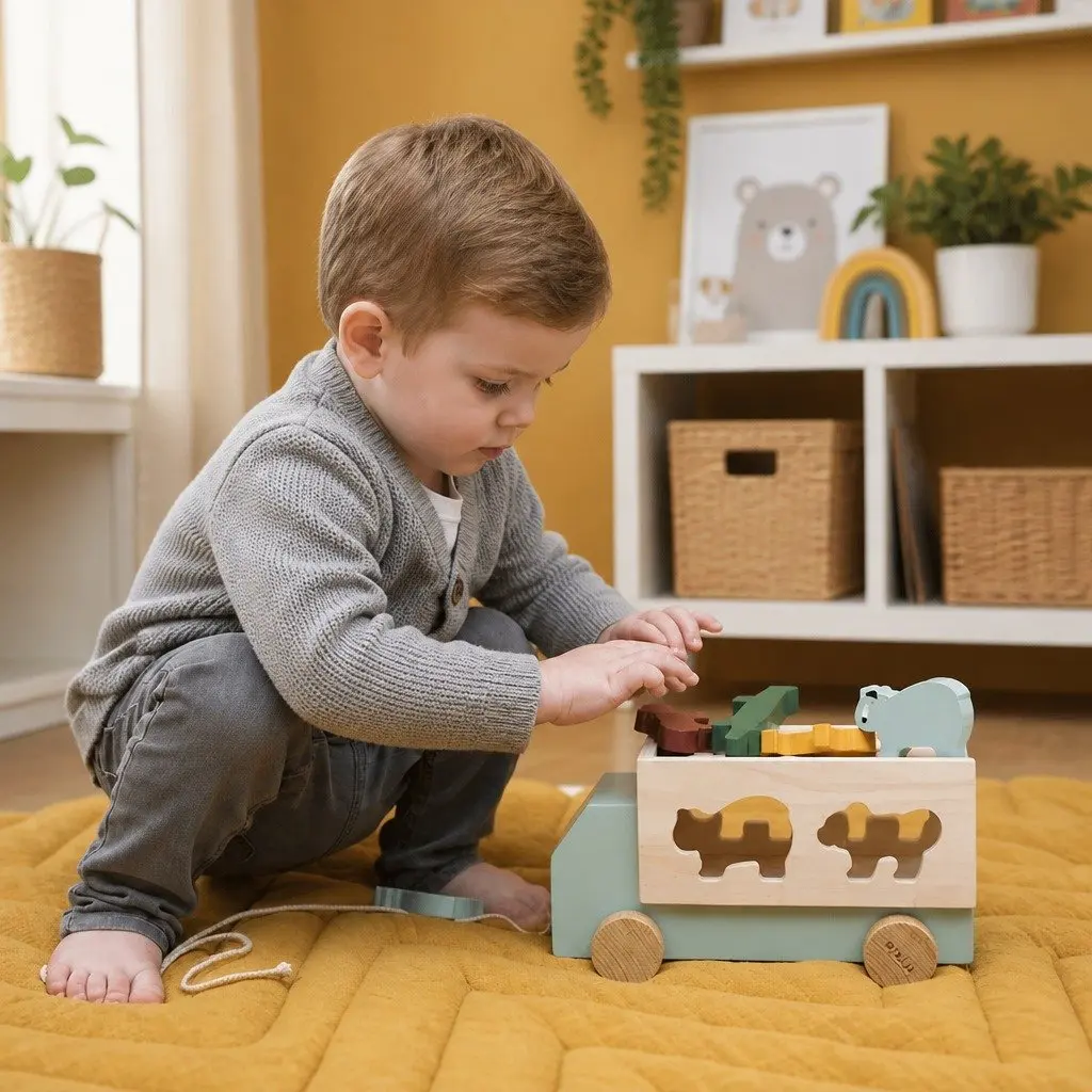 Wooden Animal Truck Pull Along Toy with 5 Figures